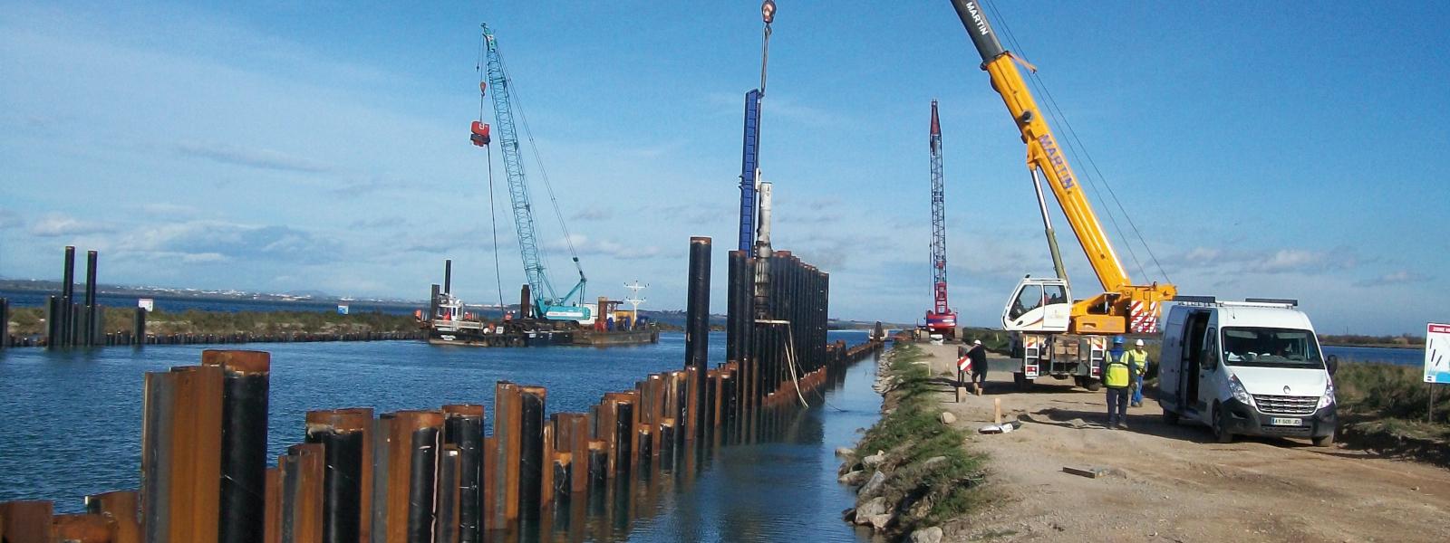 Sète, France. Installation Steel Sheet Piles PU 10R and Steel Tubes 508